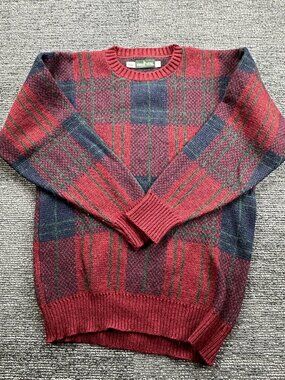 Boundary Waters Mens L Vintage Plaid Knit Crewneck Sweater Made USA Red Navy